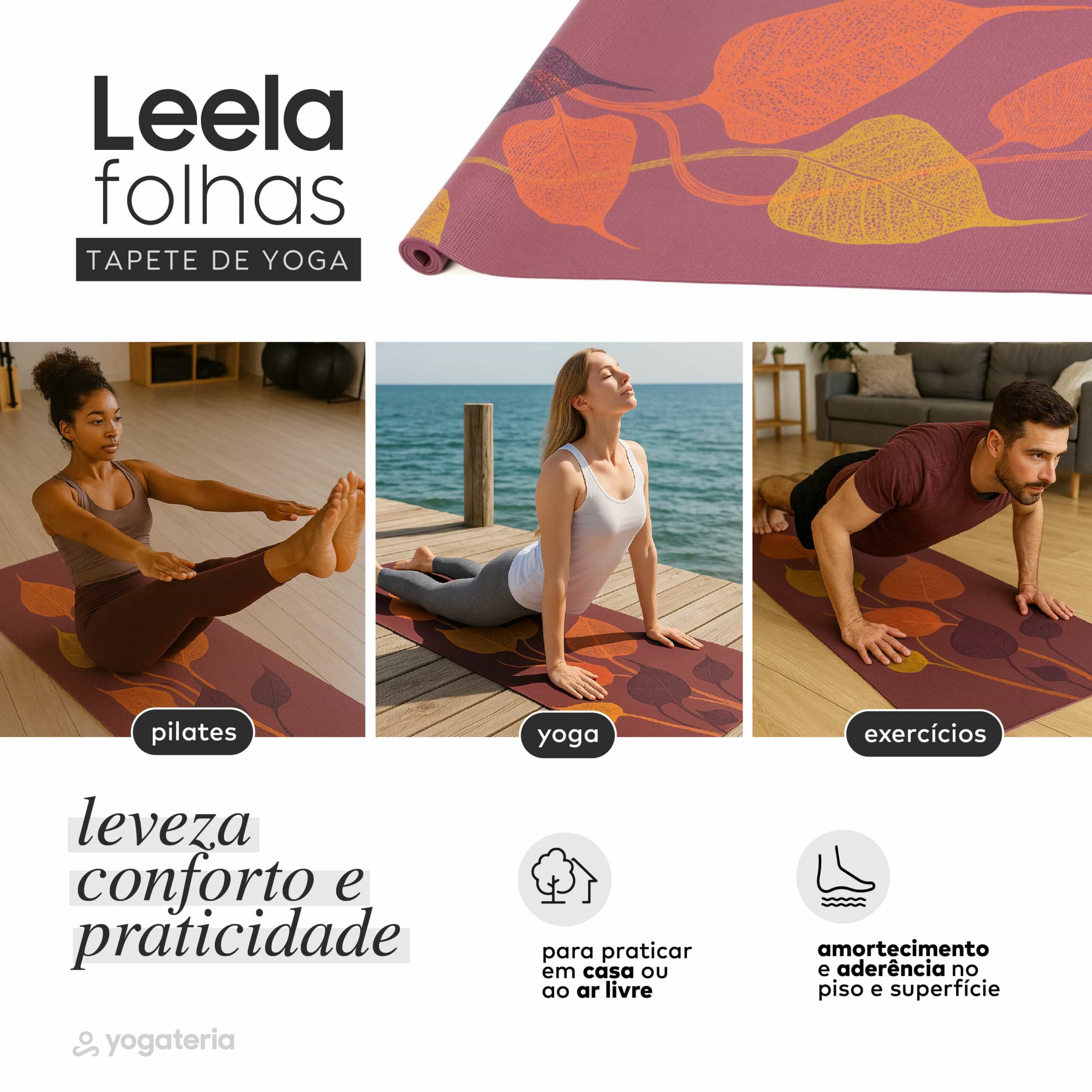 Tapete de yoga estampado Leela Folhas- 4.5mm PVC ecológico 6