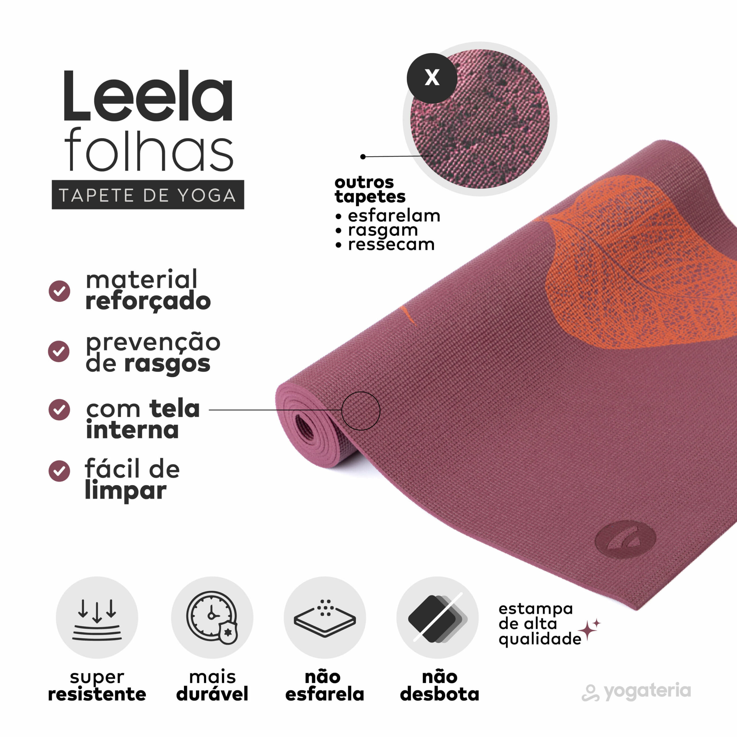 Tapete de yoga estampado Leela Folhas- 4.5mm PVC ecológico 8